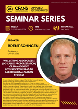 Maroon and gold poster for Brent Sohngen's talk on 2/2/24